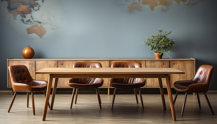 Header modern office design with wooden desk blue background generated by artificial intelligence