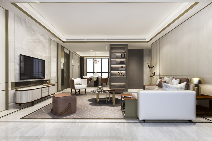 Header loft luxury living room with bookshelf near dining table