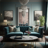 Art thumb living room with blue sofa coffee table with chandelier it