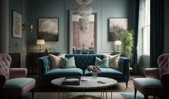 Wide thumb living room with blue sofa coffee table with chandelier it