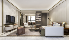 Wide thumb loft luxury living room with bookshelf near dining table