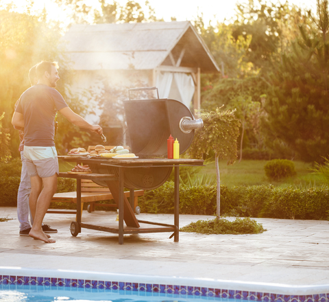 Vertical slider young men roasting barbecue grill cottage countryside